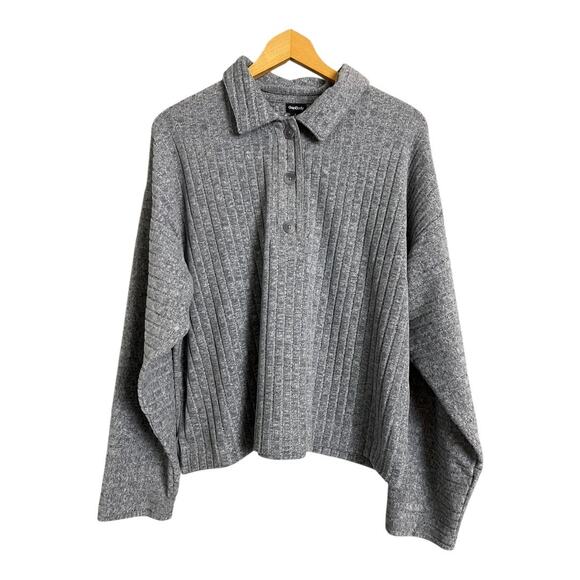 Gap Body Women's Long Sleeve Gray Collared Pullover Top Size L Ribbed Knit - Picture 1 of 7